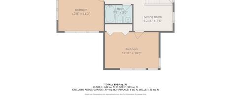 A floor plan of a 2-story building with a total area of 1555 sq. ft. The primary bedroom measures 15' x 16'1", the largest room. The building includes two bedrooms, a sitting room, a hall, and a W.I.C. (wet room) with a bath.