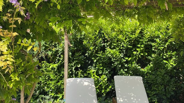 Due poltrone in legno con cuscini bianchi, posizionate su un prato verde, circondate da vegetazione lussureggiante e piante fiorite.