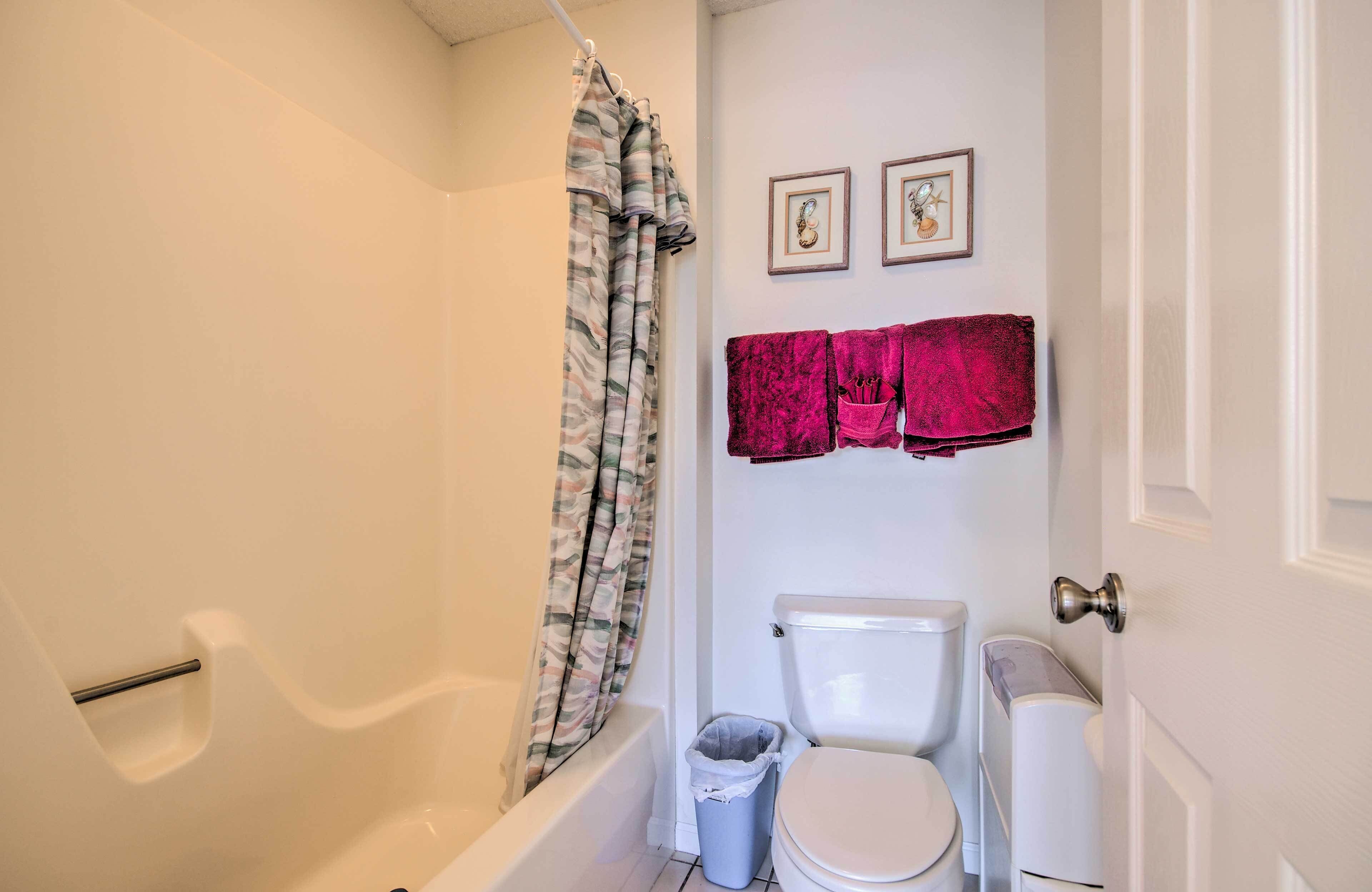 A bathroom with a shower curtain, a toilet, and two framed pictures on the wall.