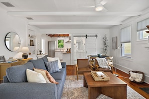 Smart TV, fireplace, books