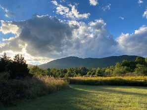 A grassy field with a mountain in the background and a partly cloudy sky.
