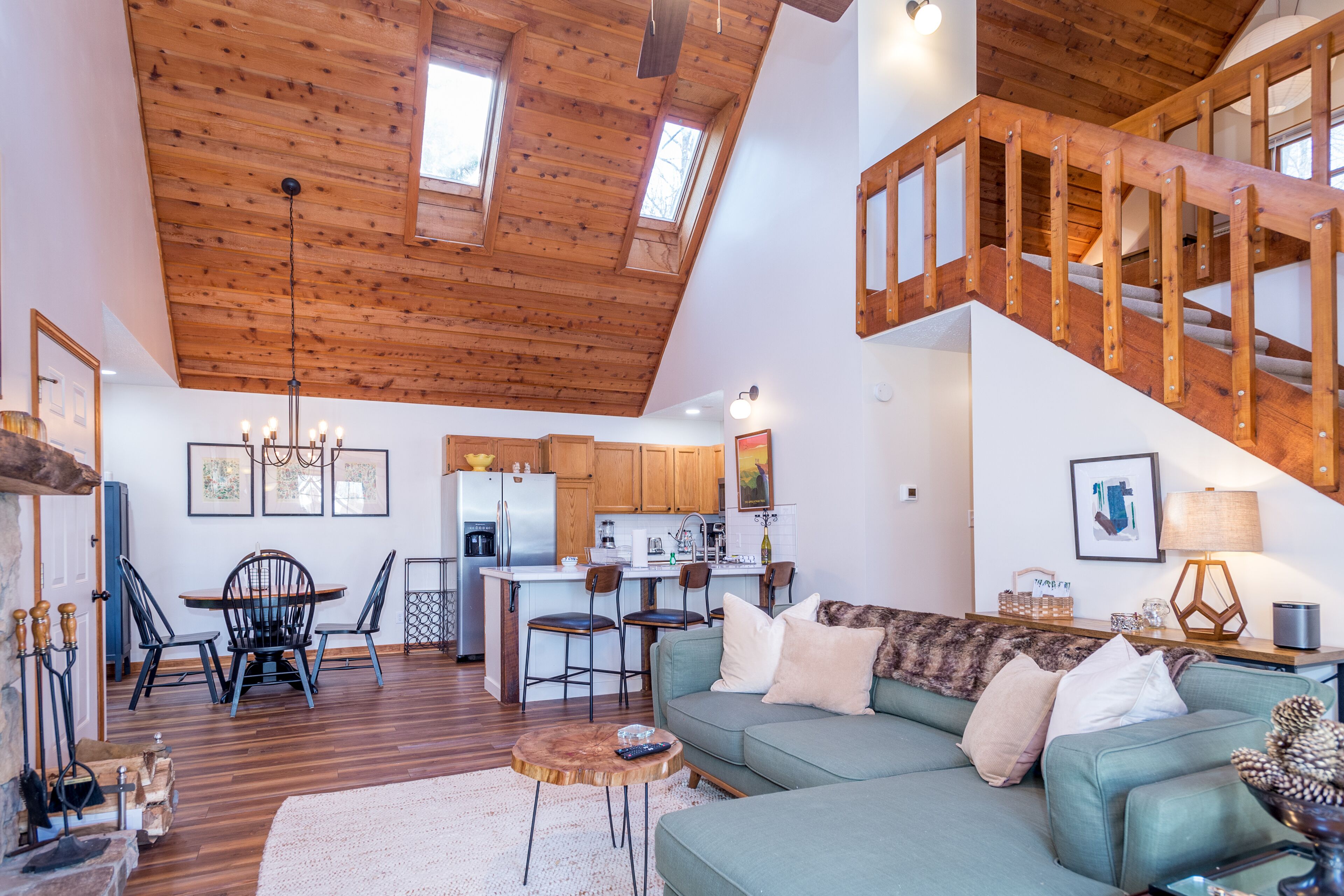 TV, fireplace, books