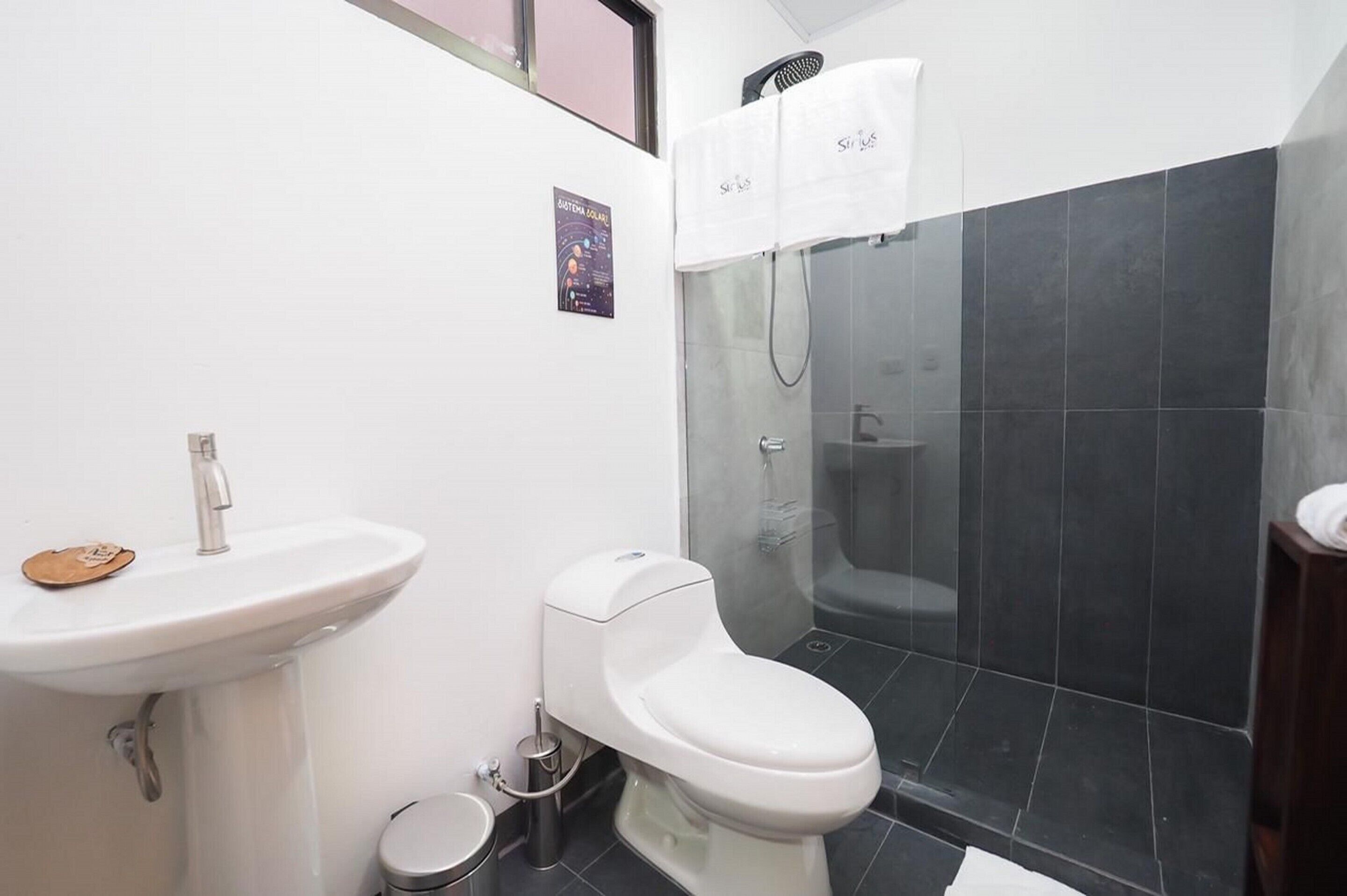 A modern bathroom with a white sink, toilet, and a glass-enclosed shower area.