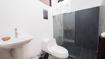 A modern bathroom with a white sink, toilet, and a glass-enclosed shower area.