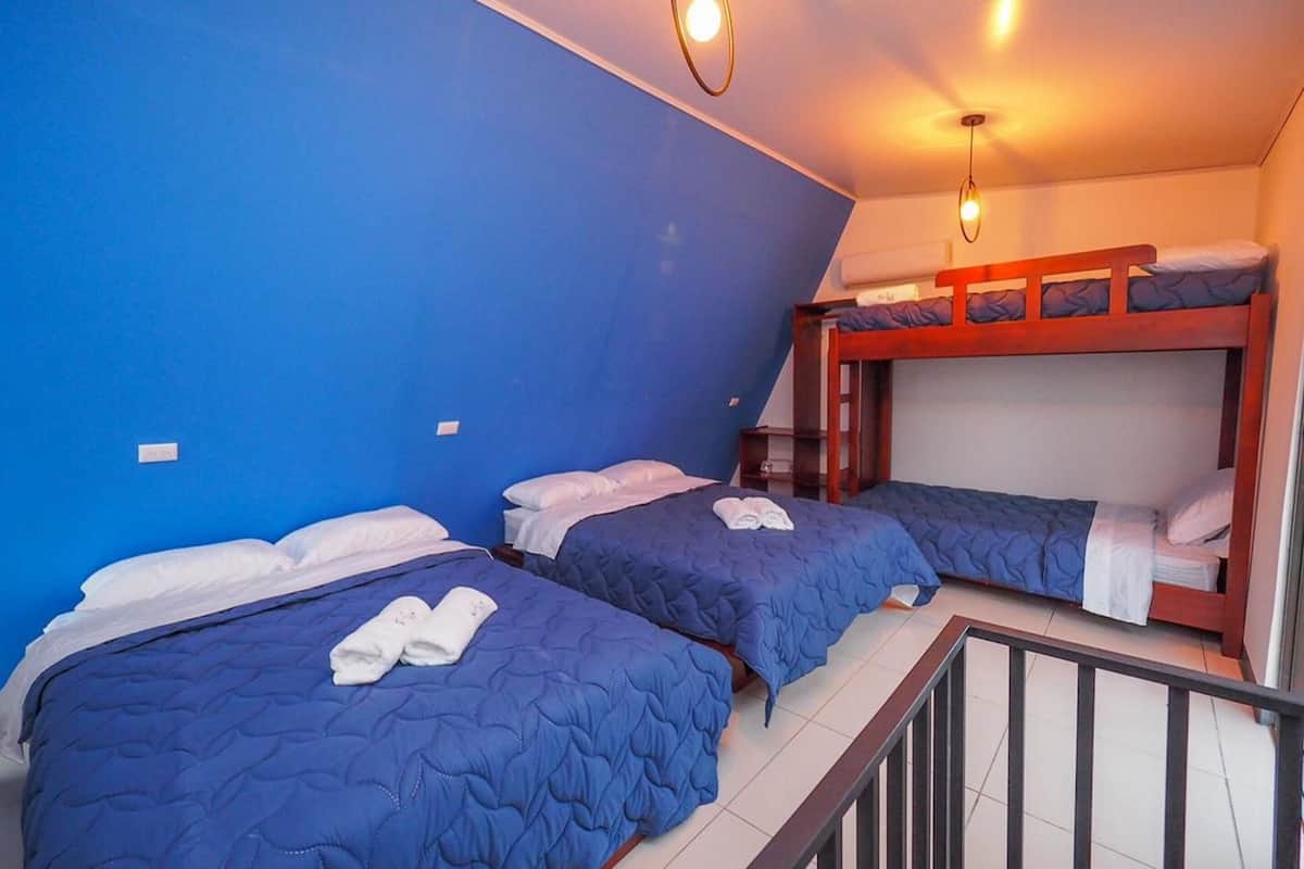 Una habitación con dos literas, una pared azul y una escalera pequeña.