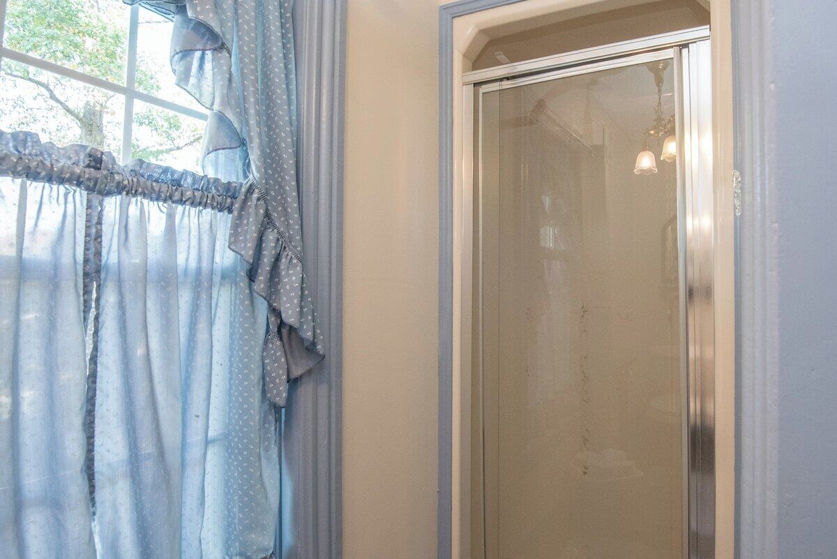 Une salle de bain avec une porte de douche en verre, une fenêtre avec des rideaux et un porte-serviettes visible.