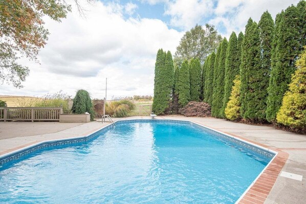 Una piscina rectangular con borde de azulejos, rodeada por una terraza de madera y varios árboles.