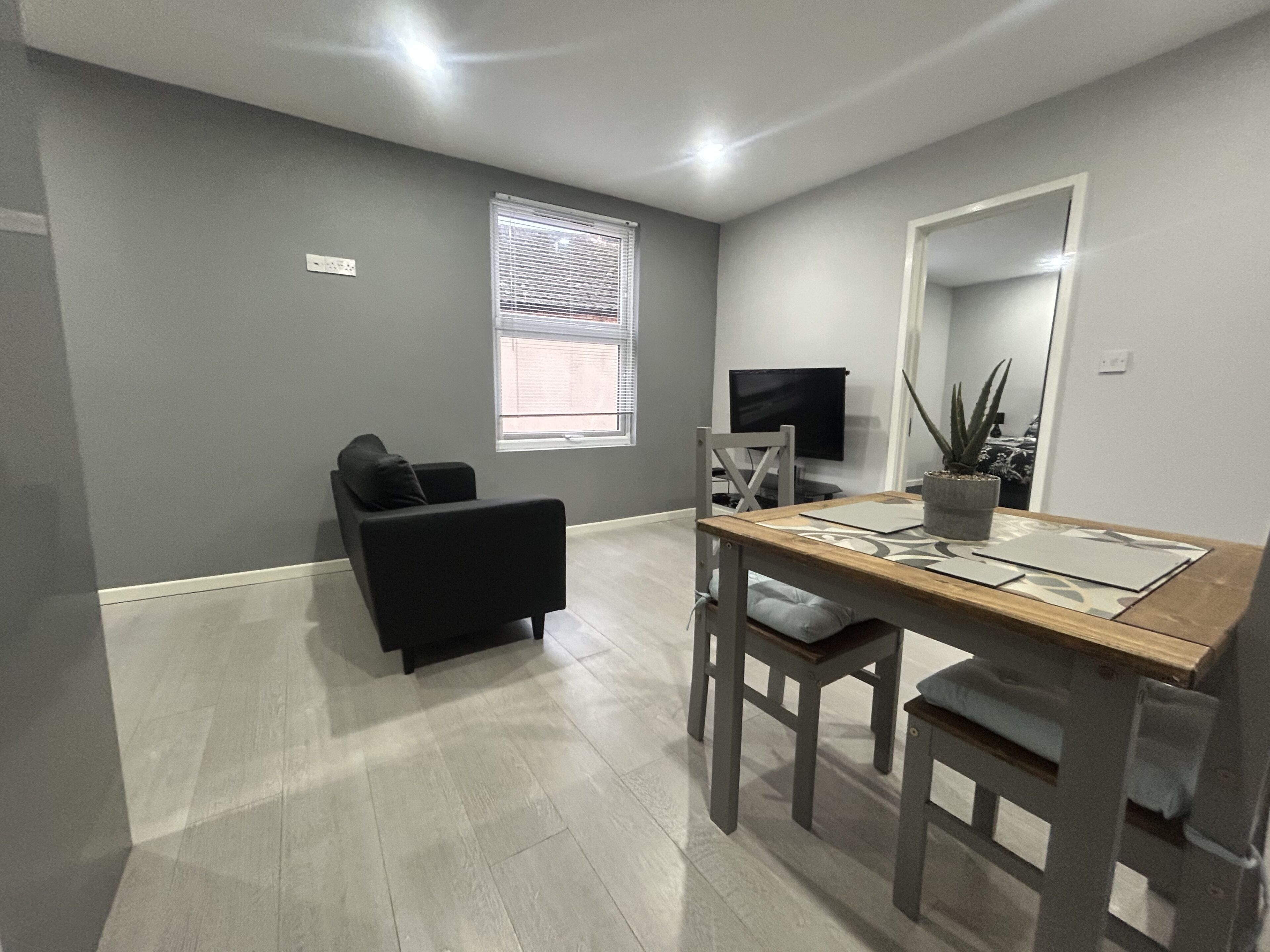 A modern, minimalist living room with a grey wall, a wooden dining table, a black sofa, a TV, and a potted plant.