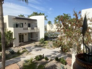 A modern building with a flat roof, a balcony, and a paved courtyard with various plants and a palm tree.