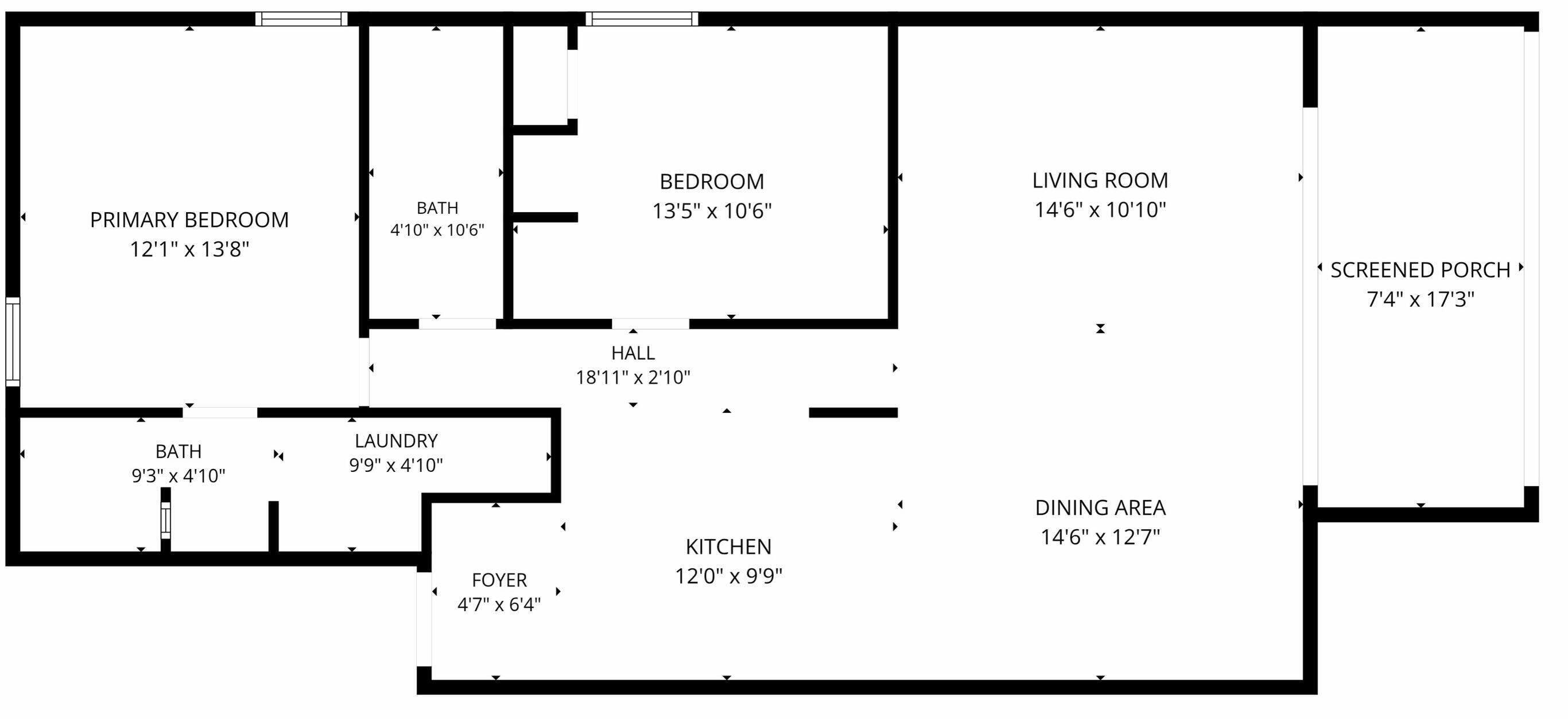 Grundriss mit Hauptschlafzimmer, Gästezimmer, Wohnzimmer, überdachter Veranda, Essbereich, Küche, Eingangsbereich, Badezimmer, Waschküche und Flur.