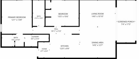 Grundriss mit Hauptschlafzimmer, Gästezimmer, Wohnzimmer, überdachter Veranda, Essbereich, Küche, Eingangsbereich, Badezimmer, Waschküche und Flur.