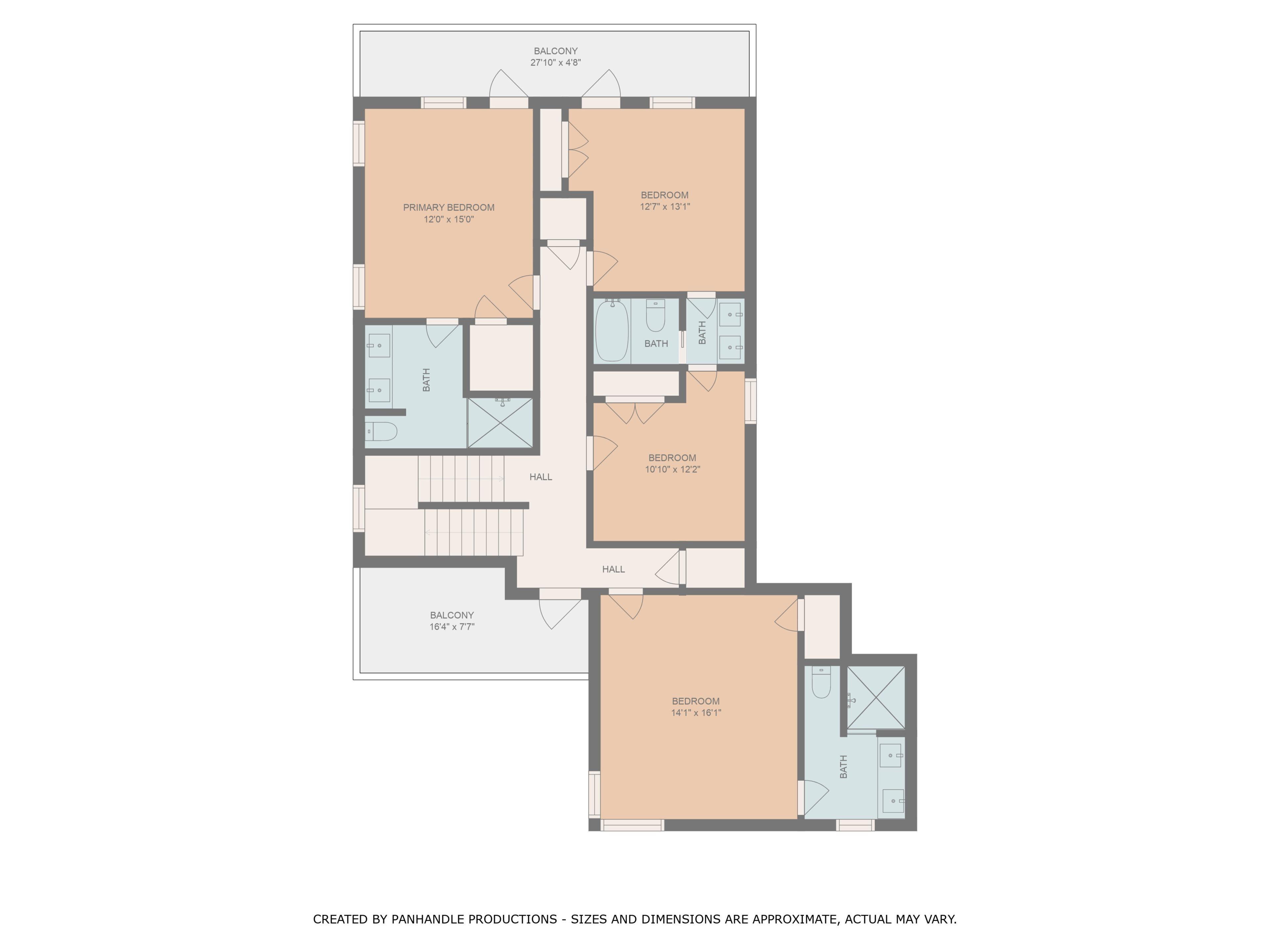 Un plan d’étage d’un appartement comprenant plusieurs chambres, un balcon, une salle de bain et un hall d’entrée.