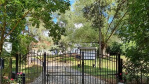 A gated entrance with a cobblestone path leading to a building, surrounded by lush greenery and potted plants. - Pet friendly apartment in Passow OT Charlottenho (Passow OT Charlottenho)