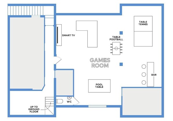 Een plattegrond van een hotel met een speelruimte, pooltafel, tafeltennistafel en een bar.