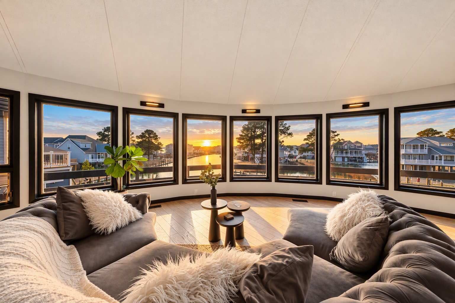 A modern living room with a curved sofa, a small round table, and large windows offering a view of a residential area.
