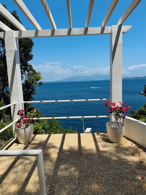 A balcony with a view of the sea, white railings, and two potted plants with flowers.