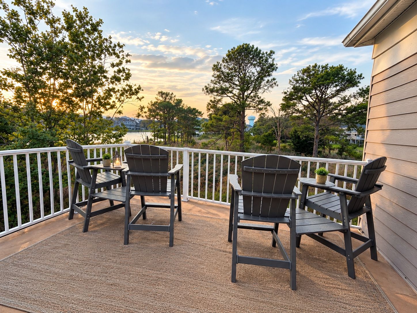 A covered outdoor area with two Adirondack chairs and a table, overlooking a body of water and trees.