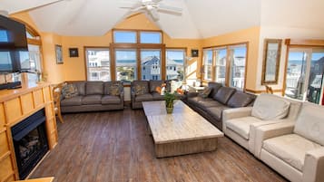 Smart TV, chimenea, reproductor de DVD y futbolito