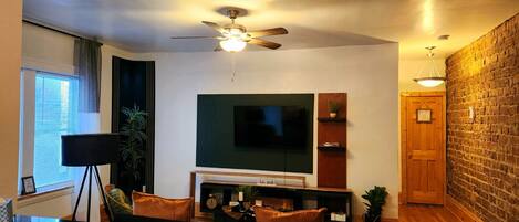 Smart TV, fireplace, books