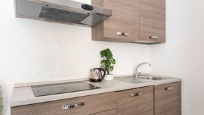 A modern kitchen with a built-in stove, stainless steel sink, and wooden cabinets. - Apartments Florence - Pellicceria (sx) (Firenze)