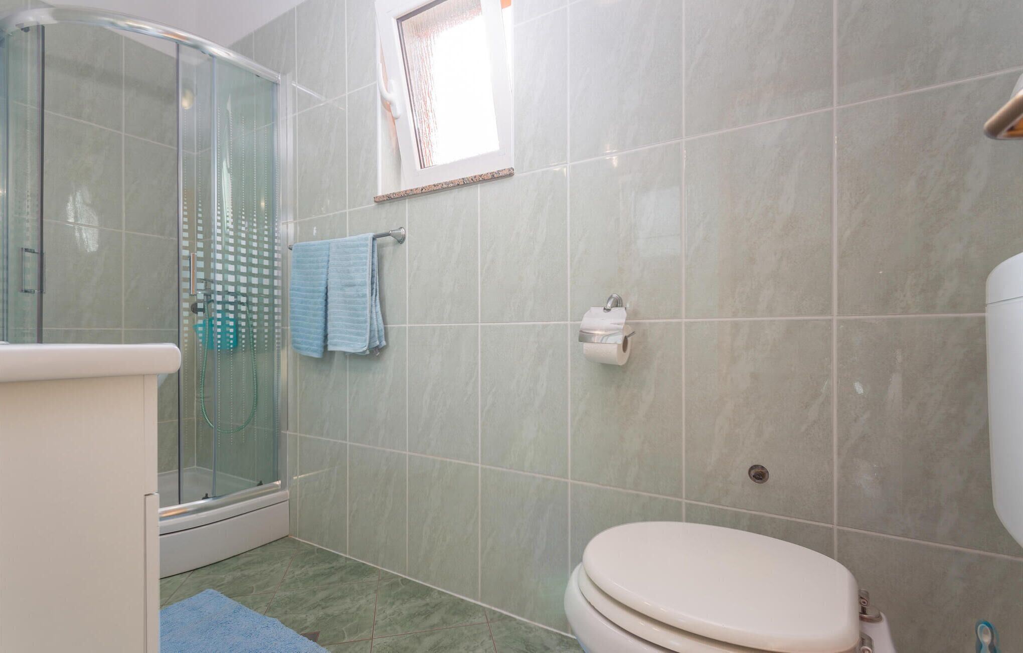 Een badkamer met een douchecabine van glas, een toilet en een wastafel.
