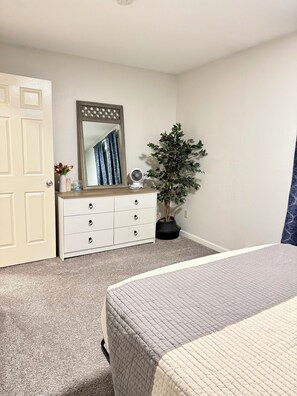 A bedroom with a bed, dresser, mirror, potted plant, and a door.