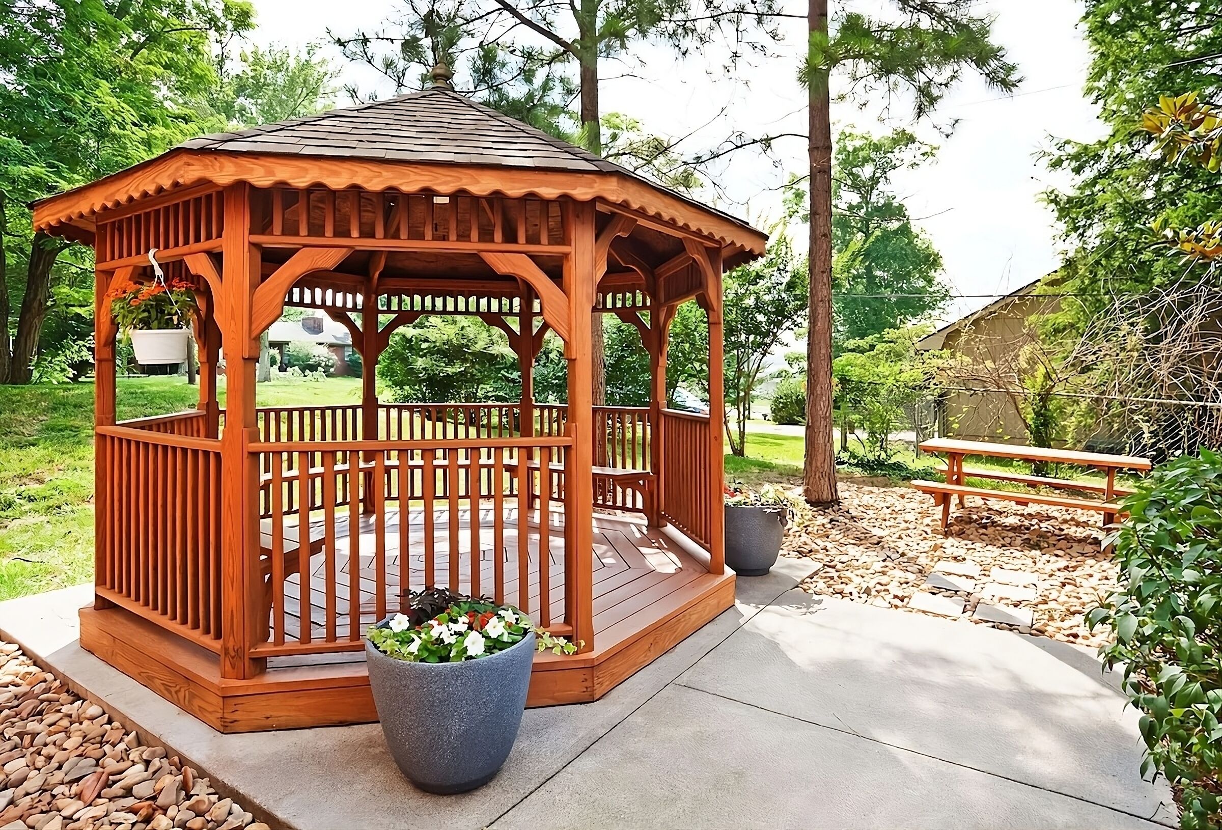 Unwind under the charming gazebo with peaceful garden views.