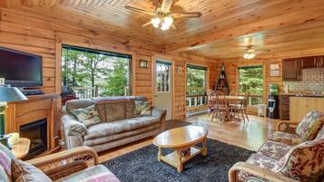 Smart TV, fireplace, DVD player, books