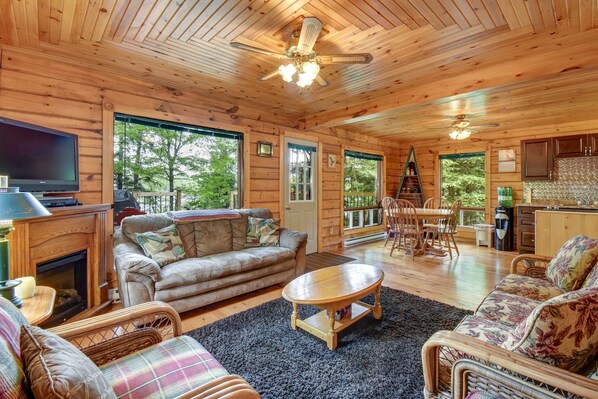 Smart TV, fireplace, DVD player, books