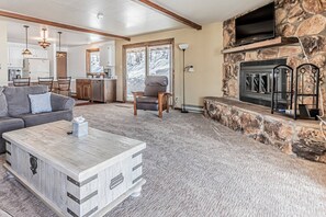 Smart TV, fireplace, DVD player, books