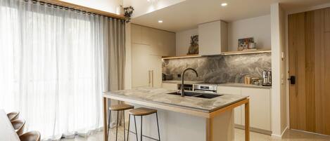 Fridge, microwave, oven, stovetop