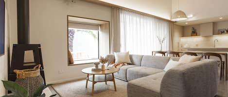 Smart TV, fireplace, books, stereo