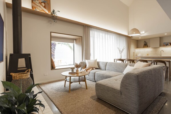 Smart TV, fireplace, books, stereo