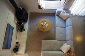 Smart TV, fireplace, books, stereo