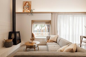 Smart TV, fireplace, books, stereo