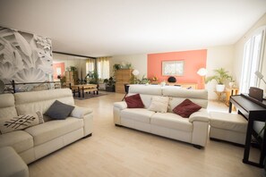 Televisión, chimenea, reproductor de DVD y futbolito 