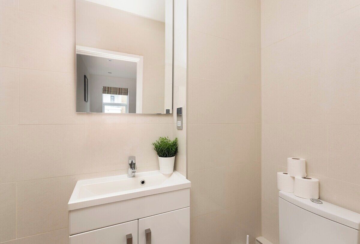 Un baño moderno con un lavabo blanco, un espejo, una planta en maceta y papel higiénico en la pared.