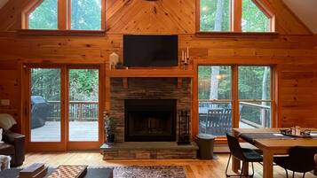 Smart TV, fireplace, foosball