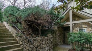 A stone staircase leading to a house with a stone wall and a small garden area. - Stonecrest 162 at Rumbling Bald (Lake Lure)