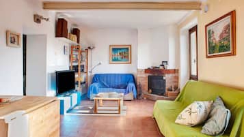 Tv, eldstad och en stereo