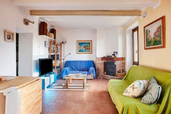 A living room with a TV, sofa, fireplace, and a green couch.