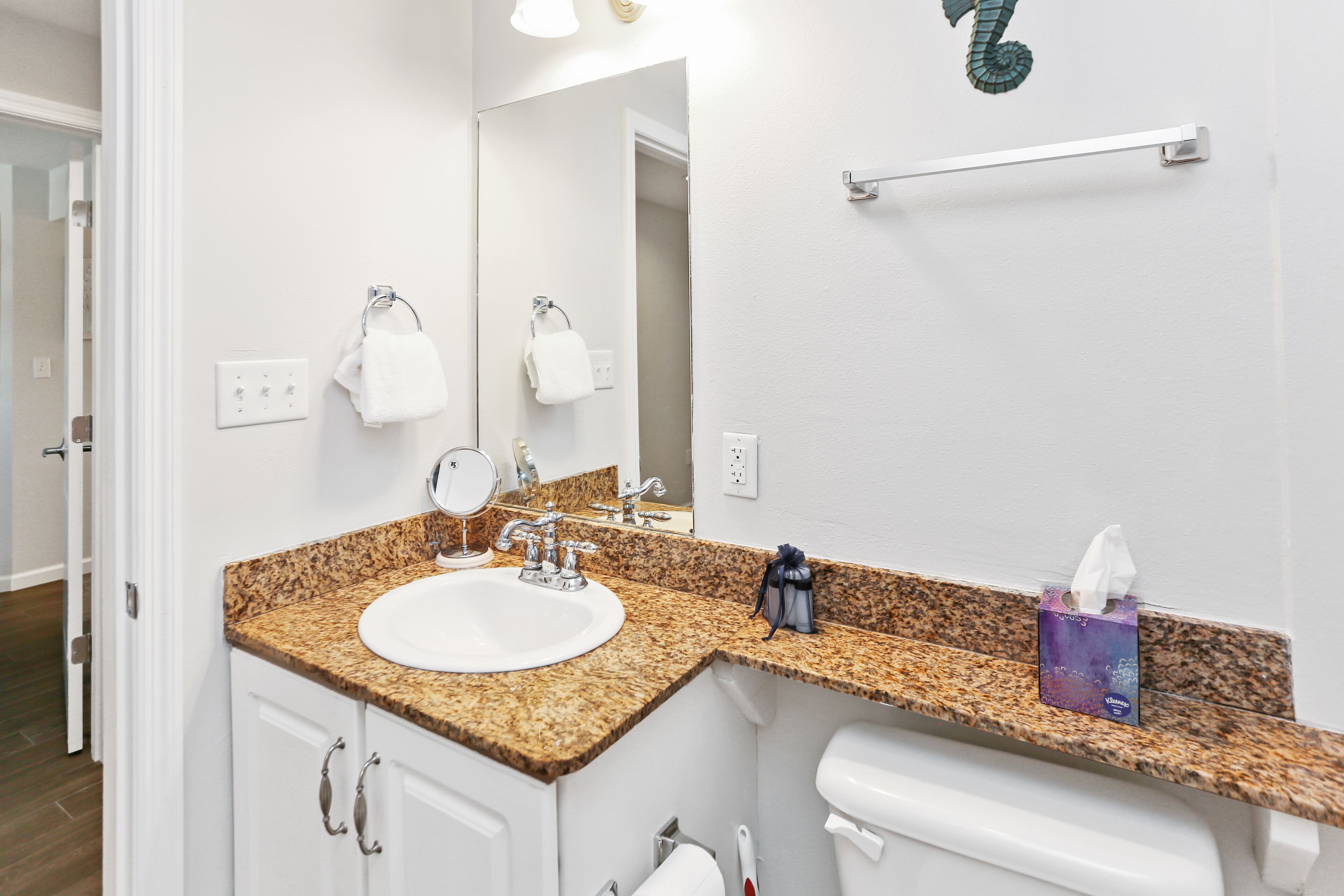 A bathroom with a granite countertop sink, a mirror, a towel rack, and a toilet paper holder.