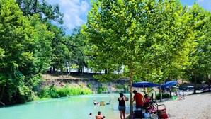 Orilla de río con gente nadando y tomando el sol bajo árboles y sombrillas.
