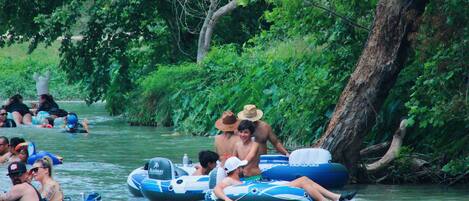 Personas en balsas inflables en un río rodeado de vegetación.