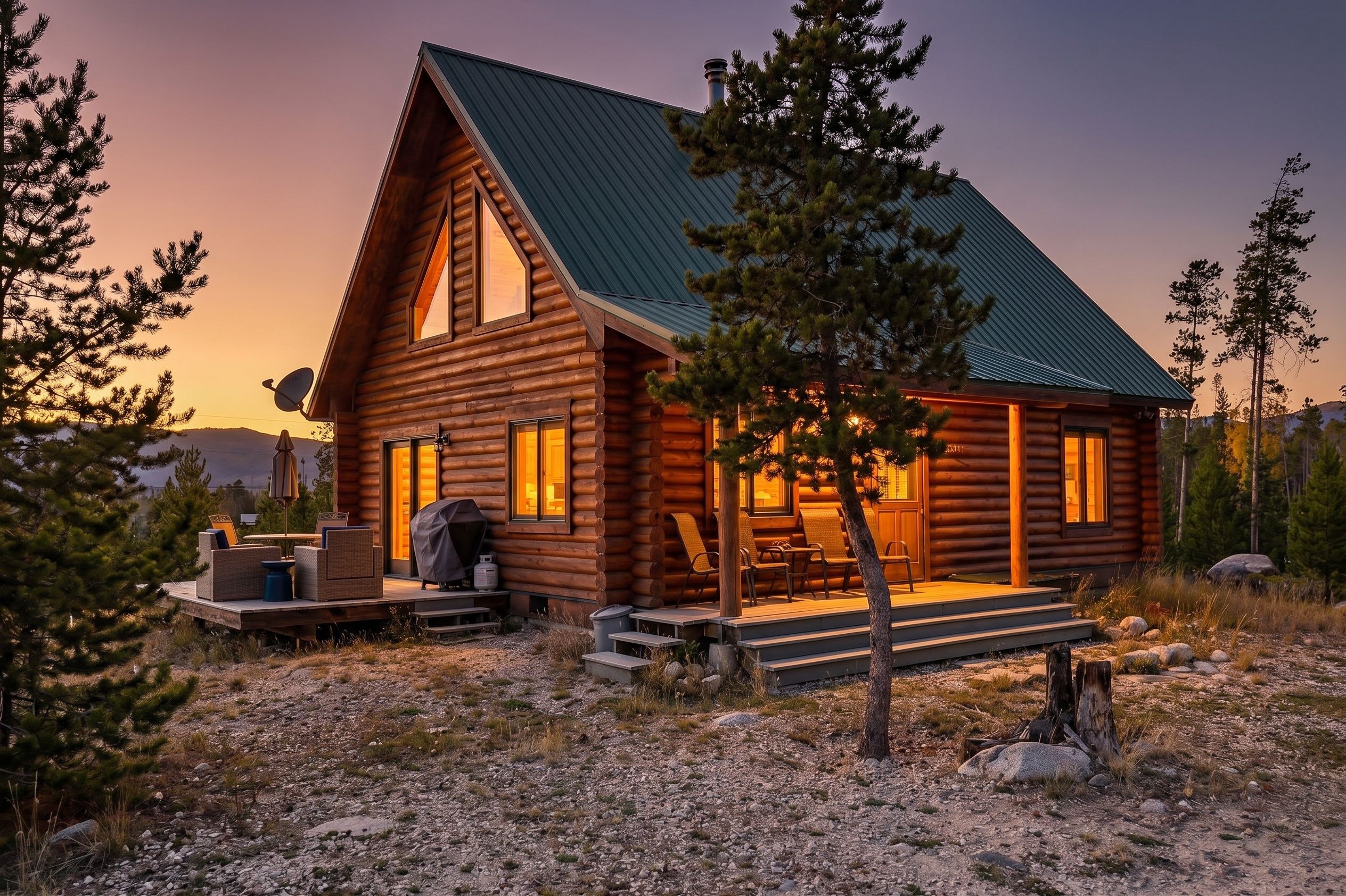 A log cabin with a porch, outdoor seating, and a satellite dish.