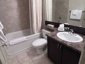 Combined shower/tub, hair dryer, towels