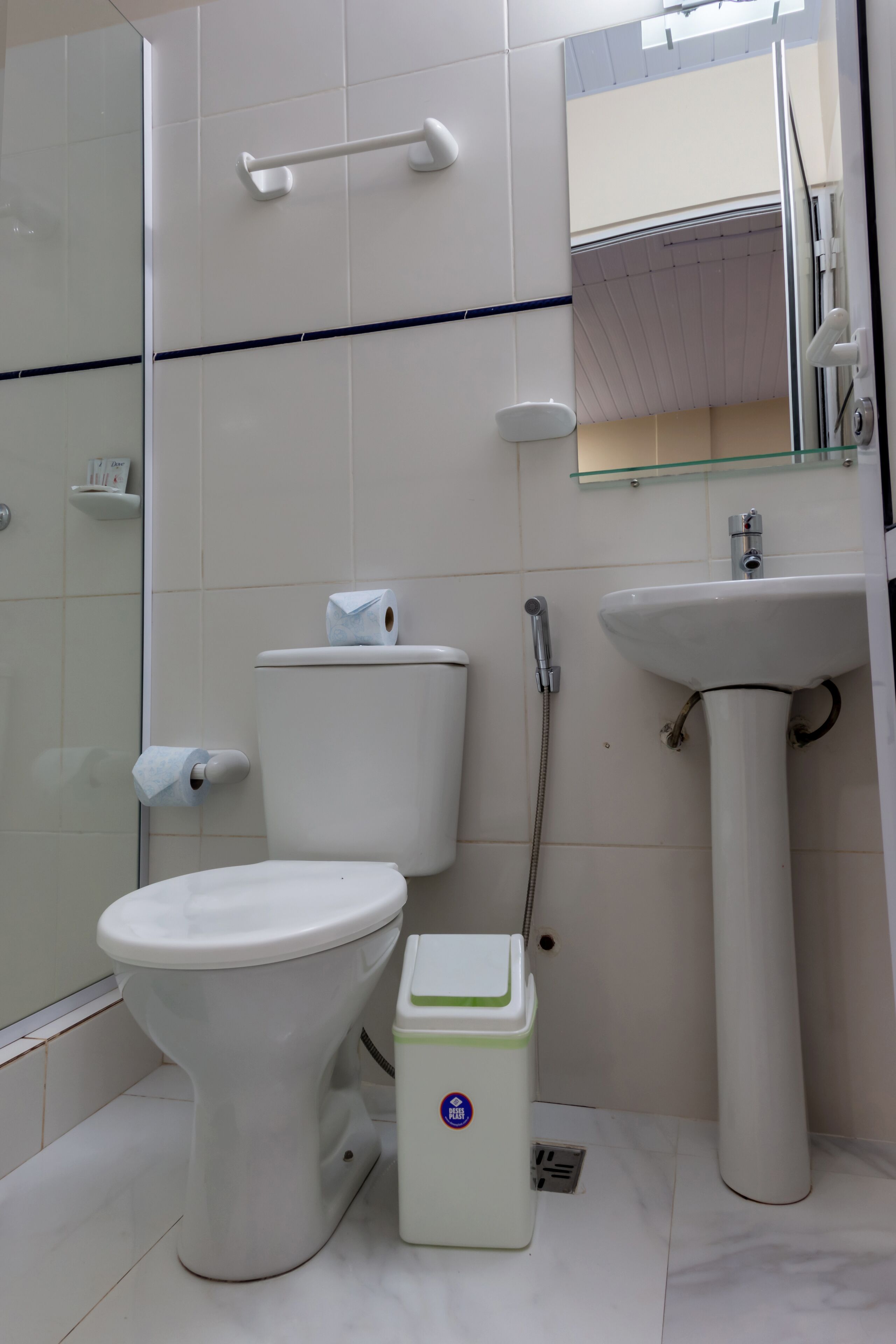 Une salle de bain avec des toilettes, un lavabo et une douche.