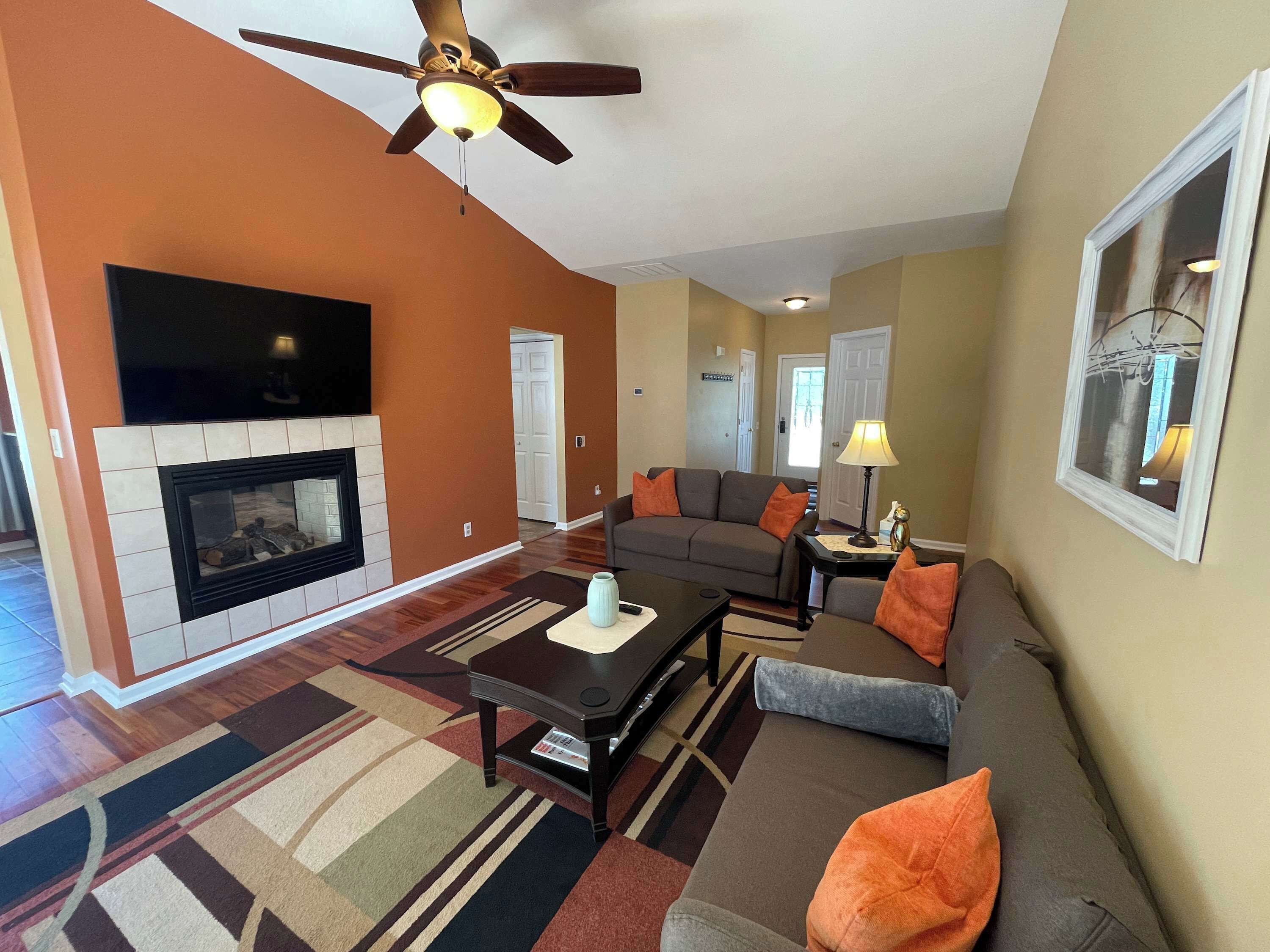 TV, fireplace, offices