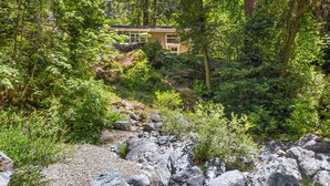 A house surrounded by dense forest, a rocky stream, and a clear view of the surrounding nature.