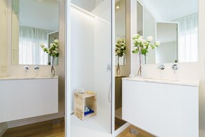 Shower, hair dryer, towels